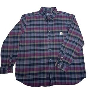 Carhartt Men 2XL Burgundy Gray Cotton‎ Blend Relaxed Fit Long Sleeve Plaid Shirt